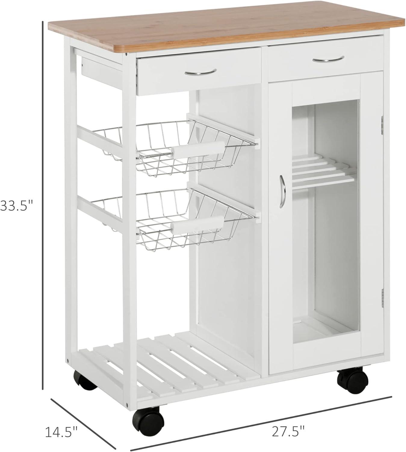 HOMCOM 28†Rolling Kitchen Trolley Serving Cart Storage Cabinet Bamboo Top with Wire Basket & Glass Door & Drawers - White