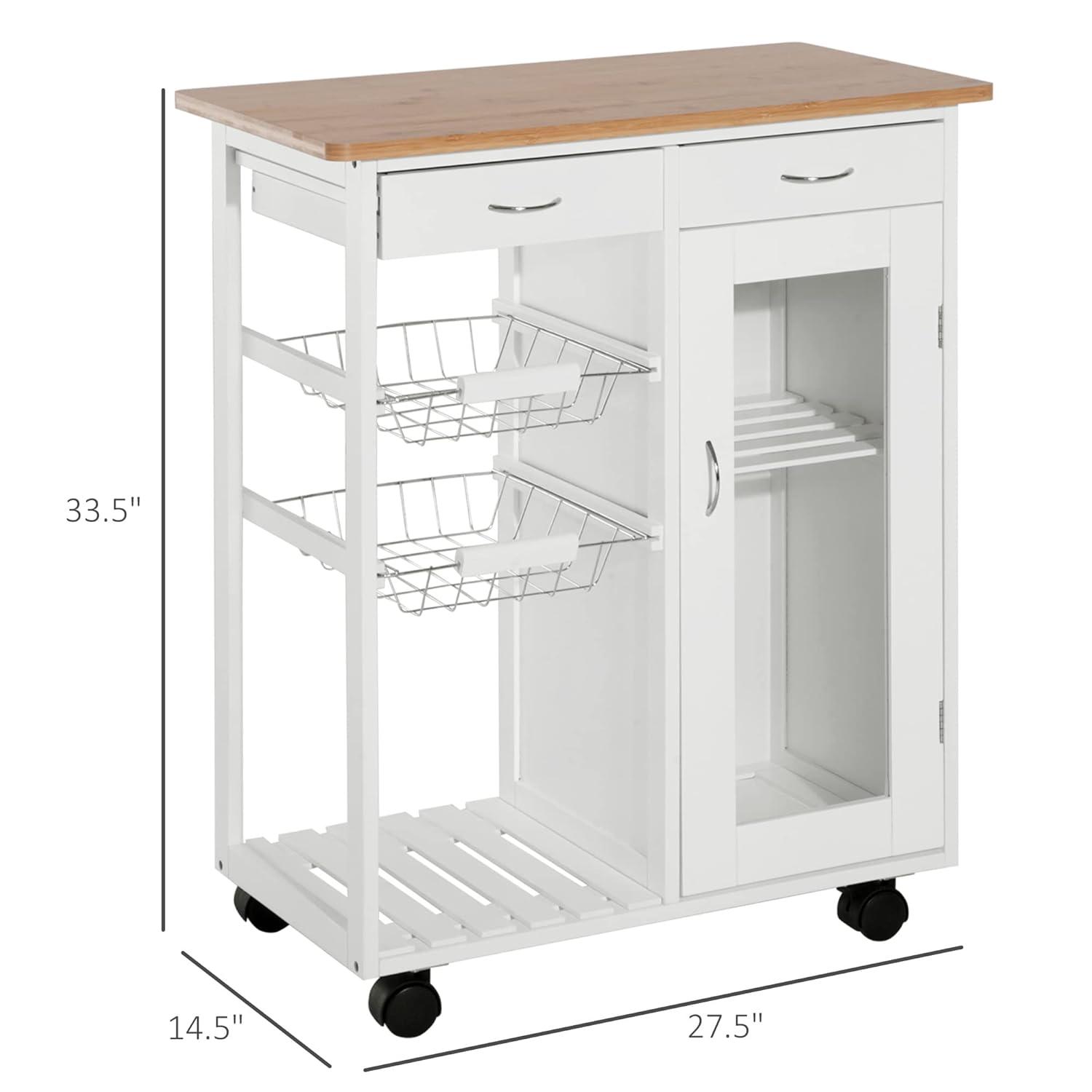 HOMCOM 28†Rolling Kitchen Trolley Serving Cart Storage Cabinet Bamboo Top with Wire Basket & Glass Door & Drawers - White