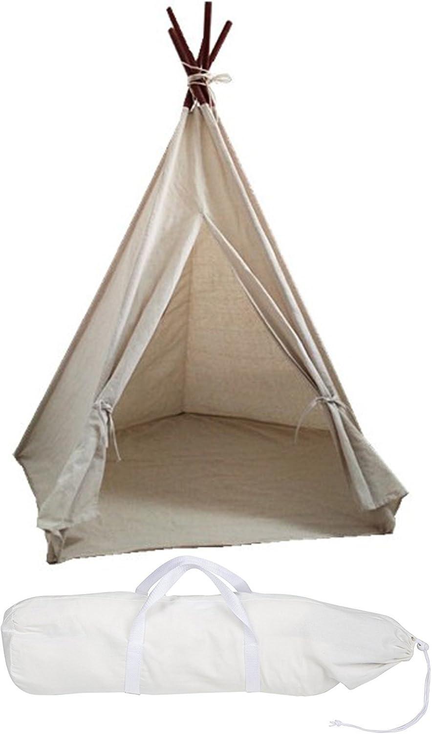 Miyaya Large Canvas Teepee Play Tent Indian Play Tent with Carry Case,5 Poles Design (White)