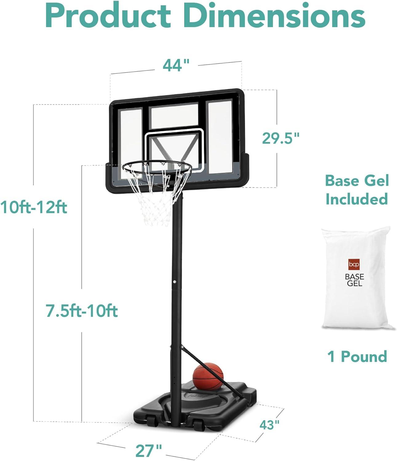 Adjustable 44" Black Polycarbonate Portable Basketball Hoop System