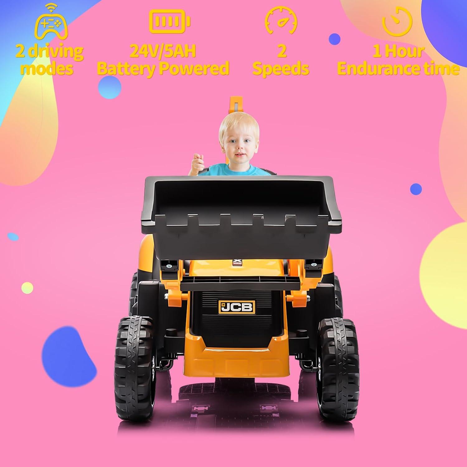 24V JCB Ride on Excavator Toy, 3 in 1 Ride on Tractor Truck with Remote Control, Battery Powered Ride on Bulldozer Kids Electric Vehicles with Front Loader Bulldozer, Digger, Adjustable Seat, Yellow