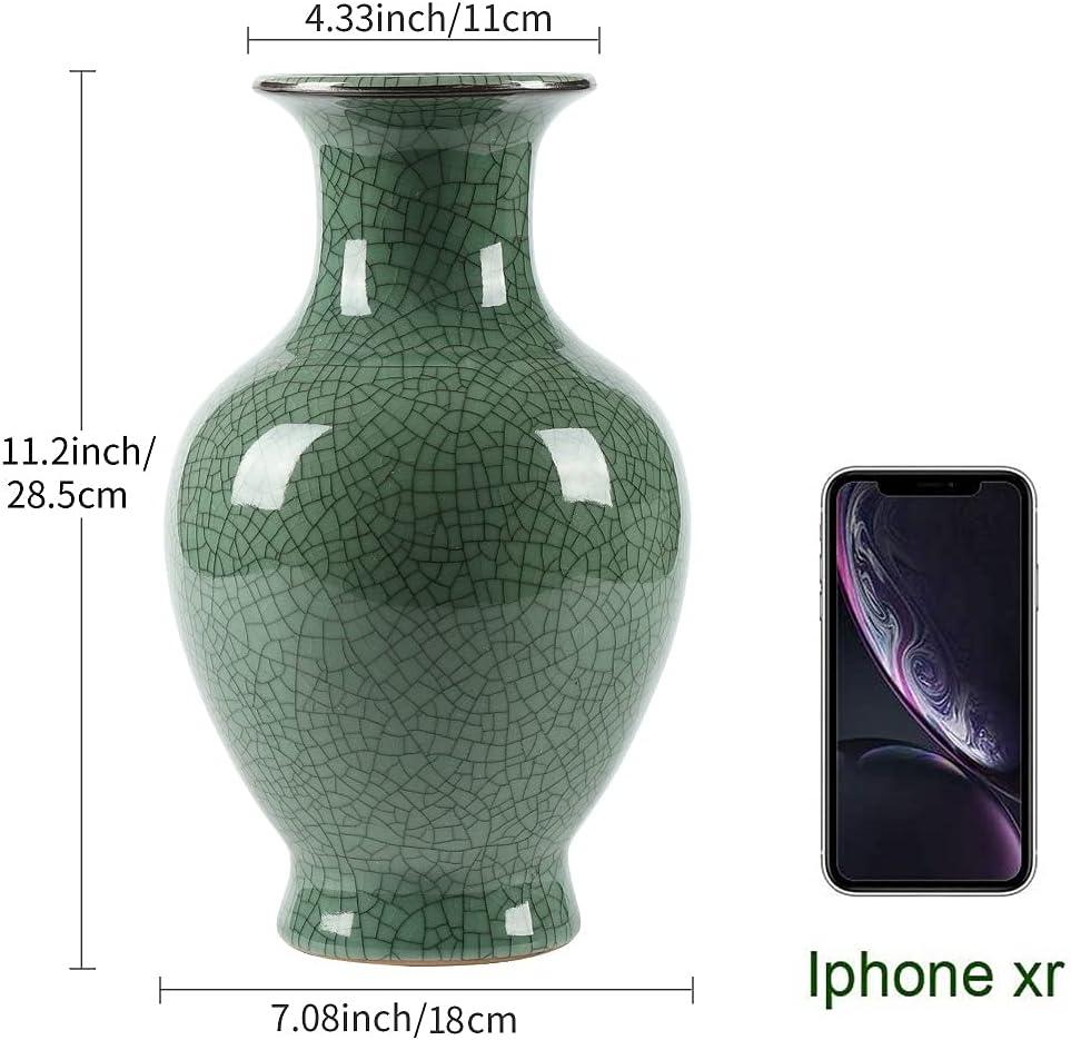 Green Ceramic Vase for Home Decor, Rustic Oriental Vases, Glazed Decorative Farmhouse Vase for Mantel, Table, Bookshelf, Living Room Decoration(Green)