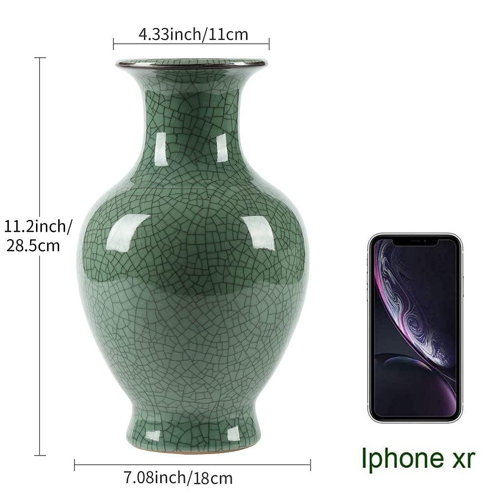 Green Ceramic Vase for Home Decor, Rustic Oriental Vases, Glazed Decorative Farmhouse Vase for Mantel, Table, Bookshelf, Living Room Decoration(Green)