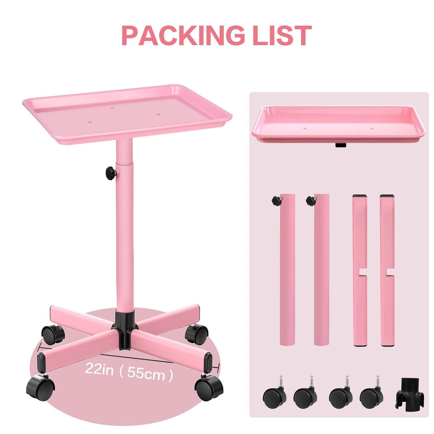 Salon Tray,Height Adjustable Salon Service Rolling Cart,Hair Color Tray with Wheels,Pink