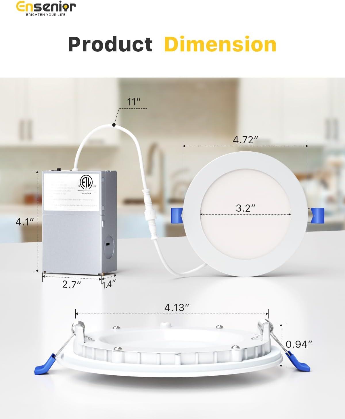 Ensenior 12 Pack 4 Inch Ultra-Thin LED Recessed Ceiling Light with Junction Box, 3000K/4000K/5000K Selectable, 9W 75W Eqv, Dimmable, 750LM High Brightness - ETL and Energy Star Certified 4 Inch 5000k/4000k/3000k - 3cct White
