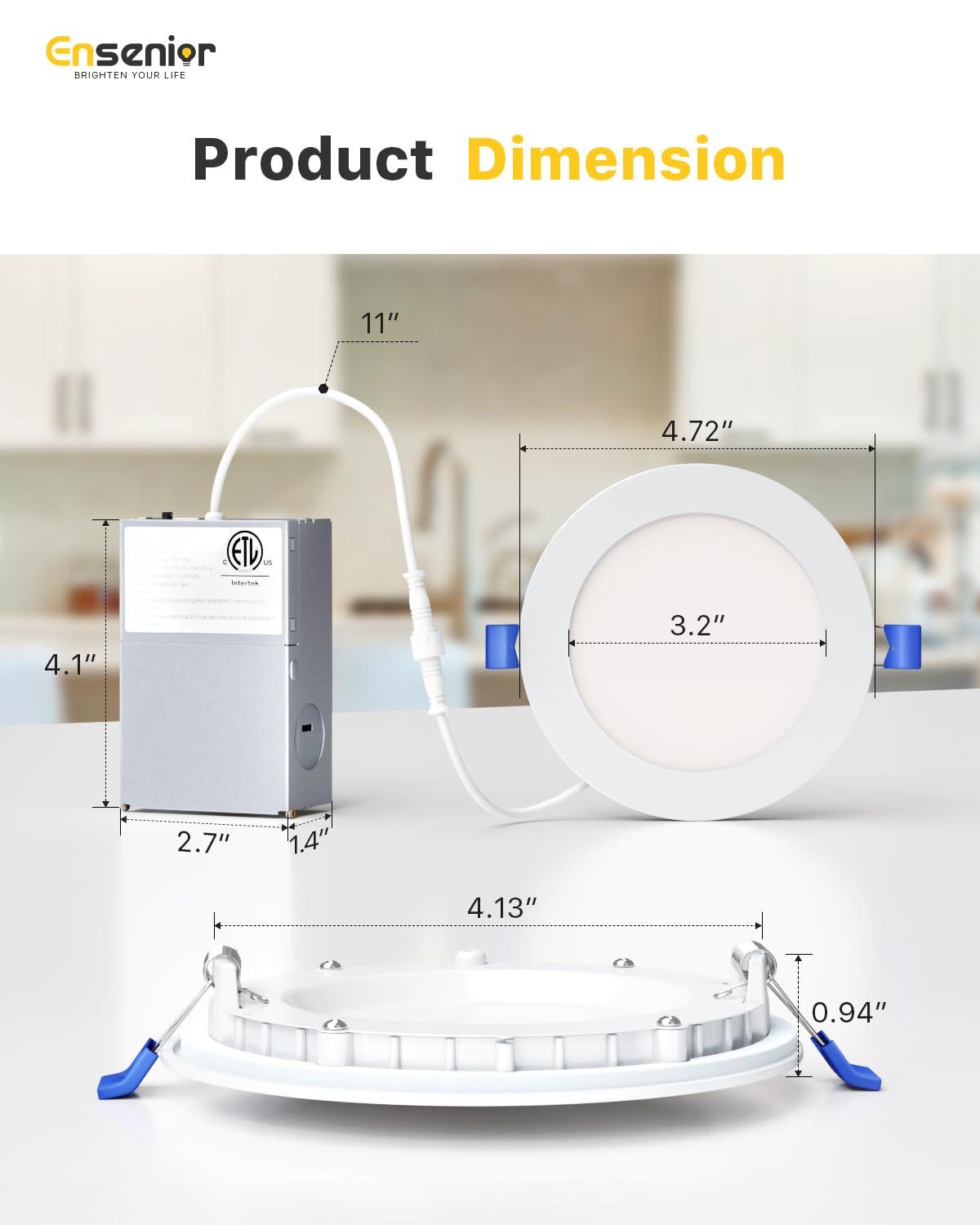 Ensenior 12 Pack 4 Inch Ultra-Thin LED Recessed Ceiling Light with Junction Box, 3000K/4000K/5000K Selectable, 9W 75W Eqv, Dimmable, 750LM High Brightness - ETL and Energy Star Certified 4 Inch 5000k/4000k/3000k - 3cct White