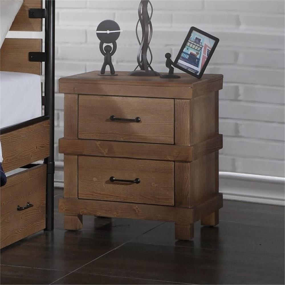 Antique Oak Two Drawer Nightstand with Metal Handles