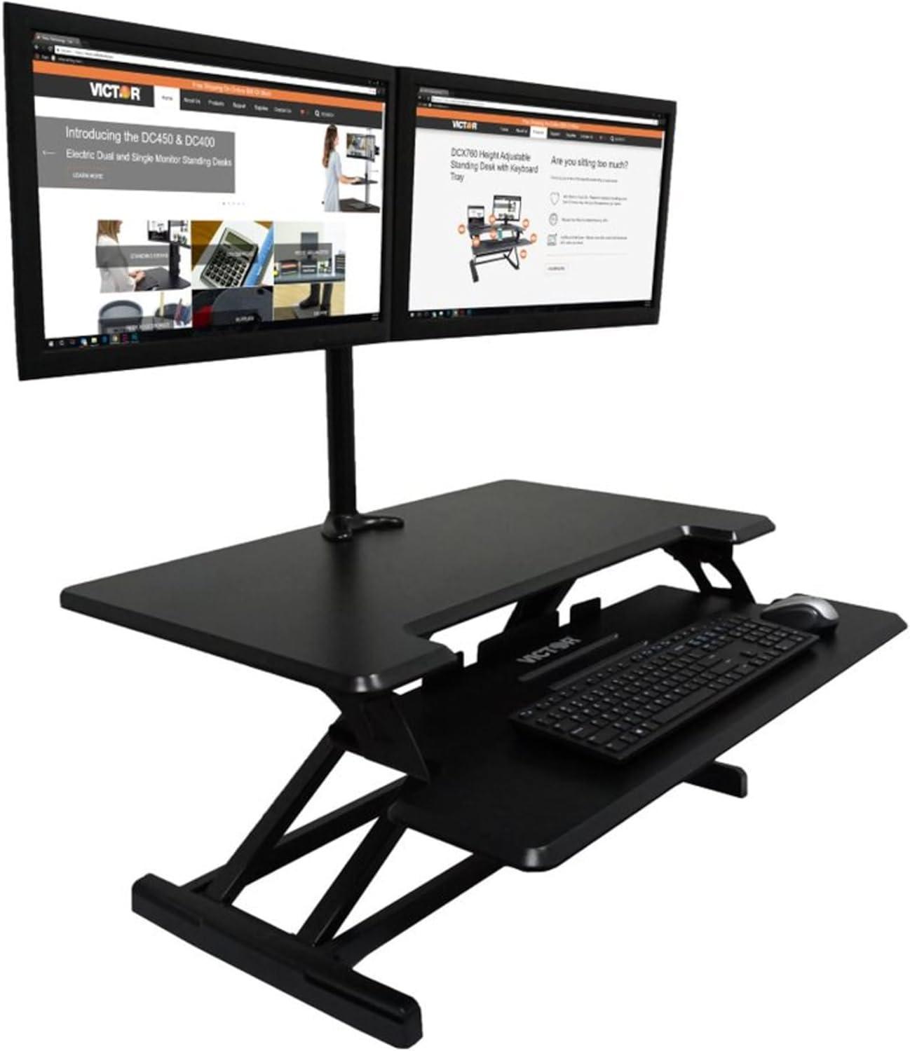 Victor DCX610 Height Adjustable Compact Standing Desk| Black| 33” Wide Sit-Stand Dual Monitor Desk and Laptop Riser Workstation| Compatible with Most Monitor Arms