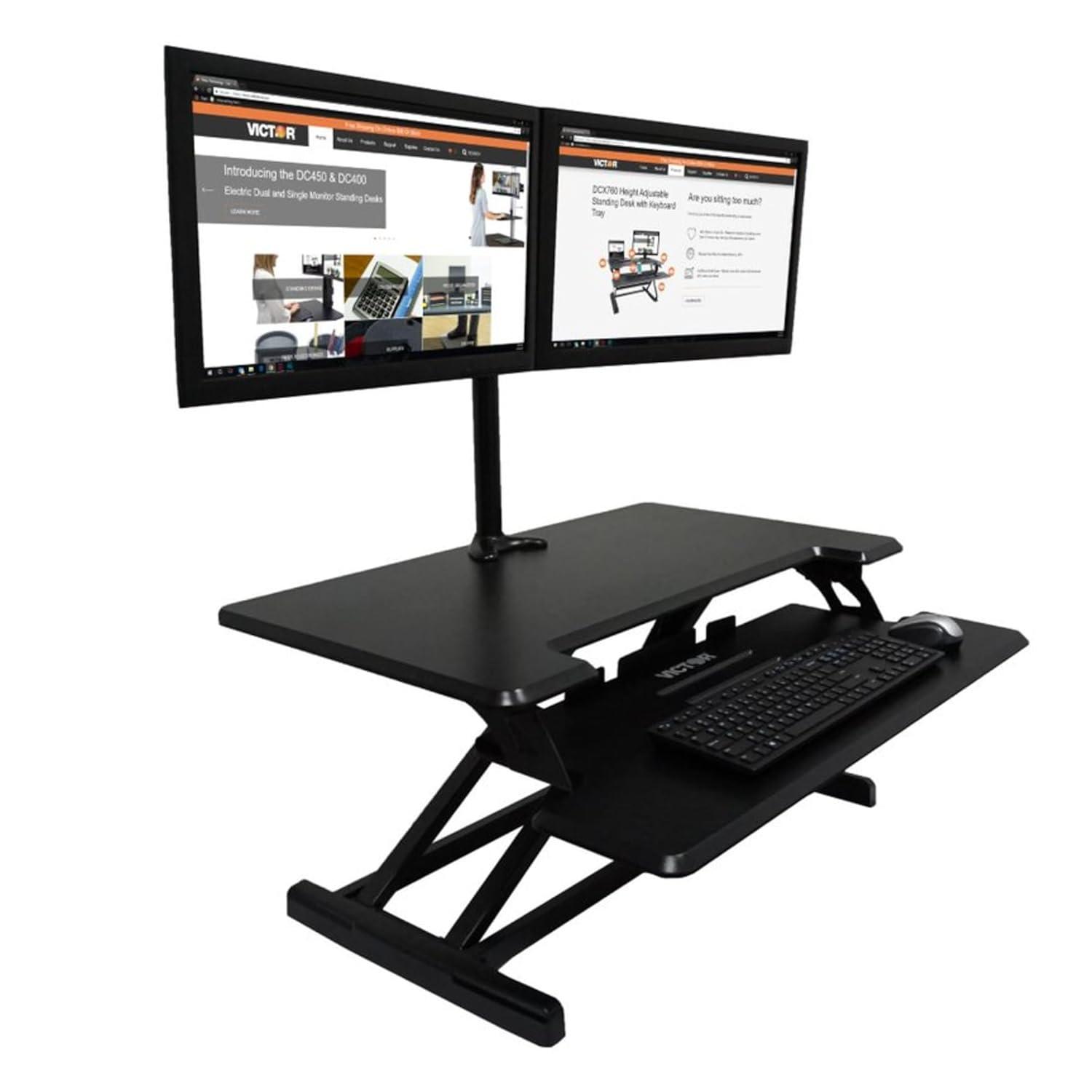Victor DCX610 Height Adjustable Compact Standing Desk| Black| 33” Wide Sit-Stand Dual Monitor Desk and Laptop Riser Workstation| Compatible with Most Monitor Arms