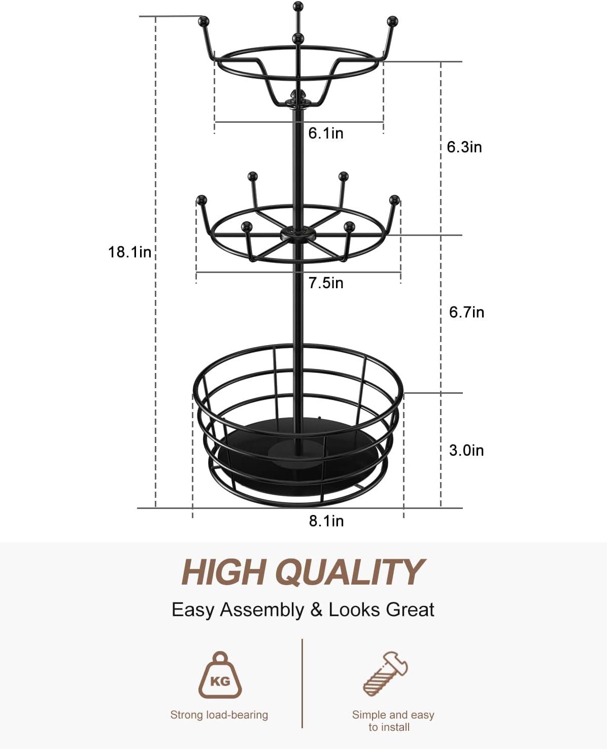 360° Rotating Coffee Mug Holder - Metal 3 Tier Mug Tree Rack Cup Holder for Countertop with 10 Hooks, Coffee Pods Holder for Bar Organizer Kitchen Counter - Black