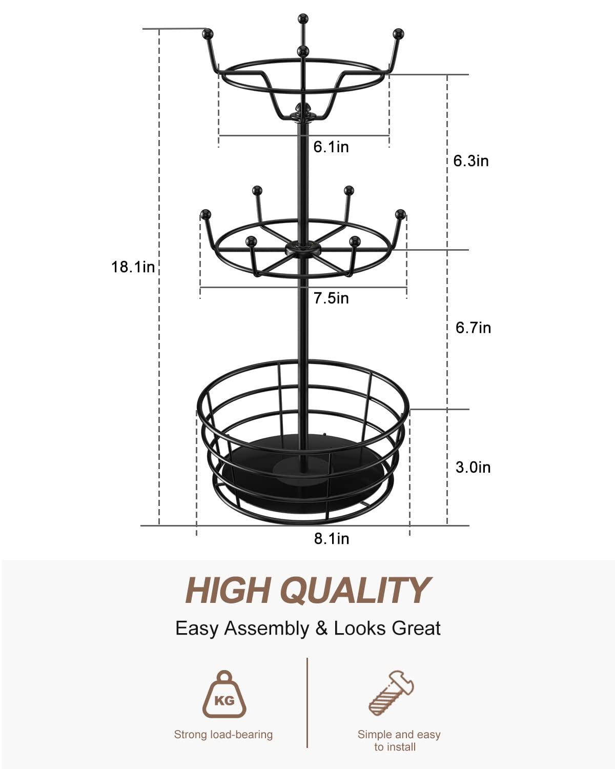 360° Rotating Coffee Mug Holder - Metal 3 Tier Mug Tree Rack Cup Holder for Countertop with 10 Hooks, Coffee Pods Holder for Bar Organizer Kitchen Counter - Black