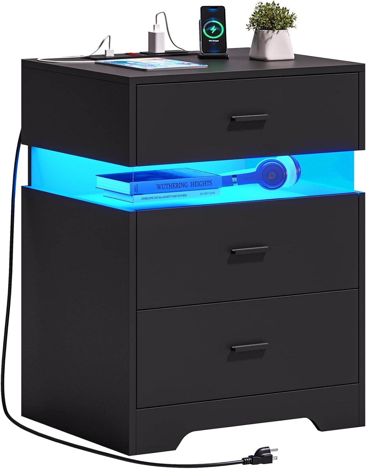 Nightstand with Acrylic LED Light, End Side Table with Charging Station and 3 Drawers, Bedside Table for Bedroom, Black