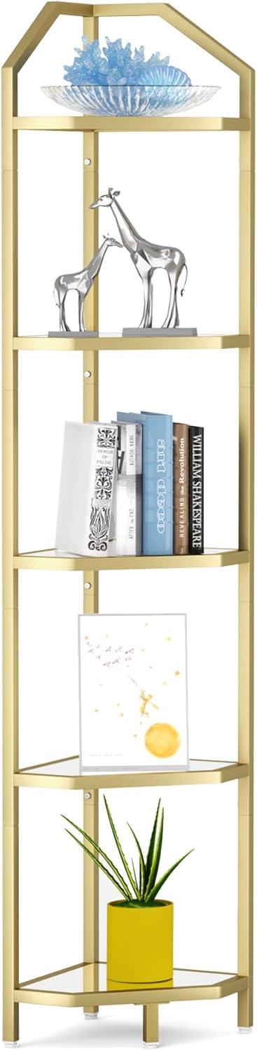 Gold 5-Tier Corner Bookshelf with Tempered Glass Shelves