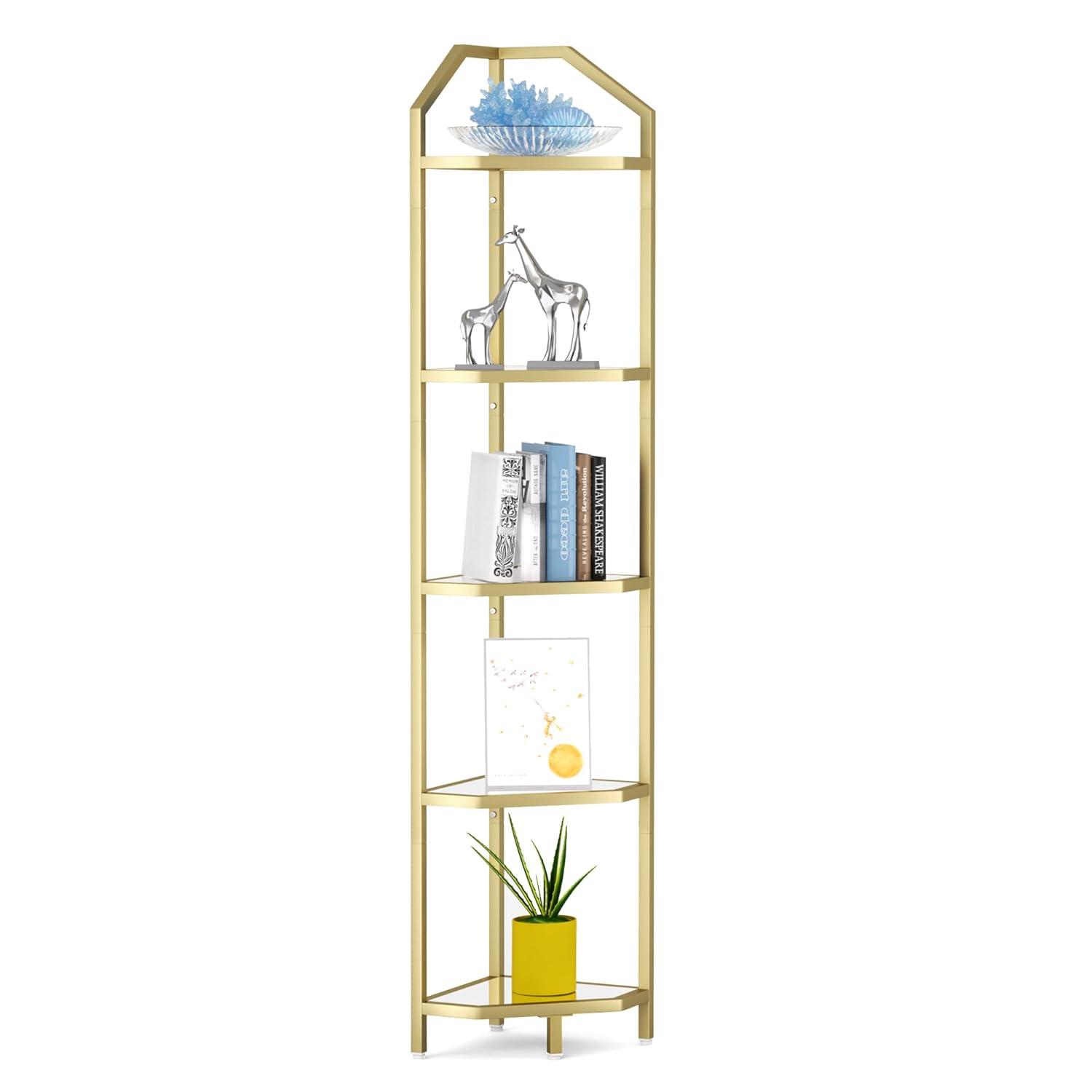Gold 5-Tier Corner Bookshelf with Tempered Glass Shelves