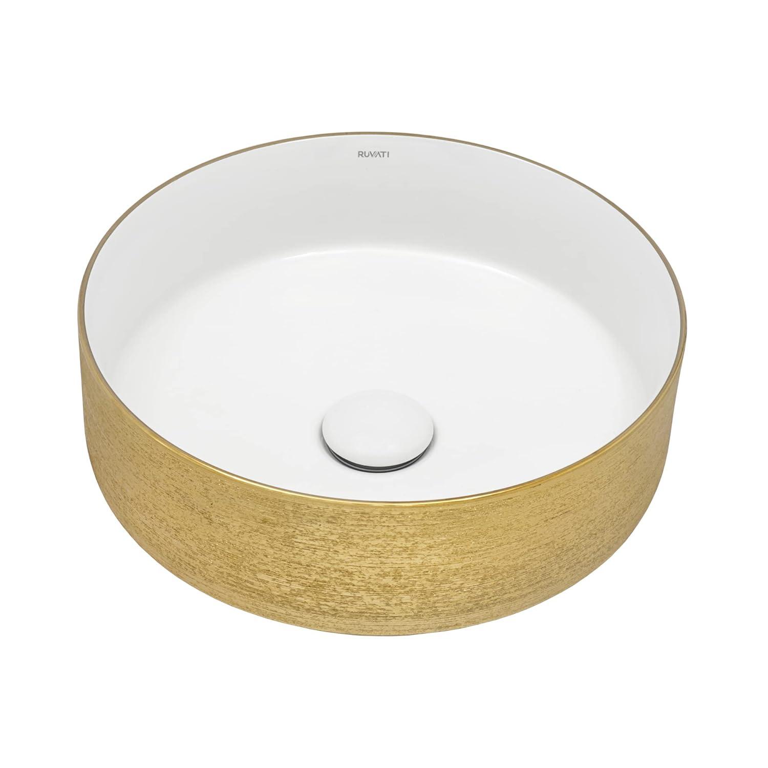 Ruvati 14 inch Bathroom Vessel Sink Round Gold Decorative Art Above Vanity Counter White Ceramic
