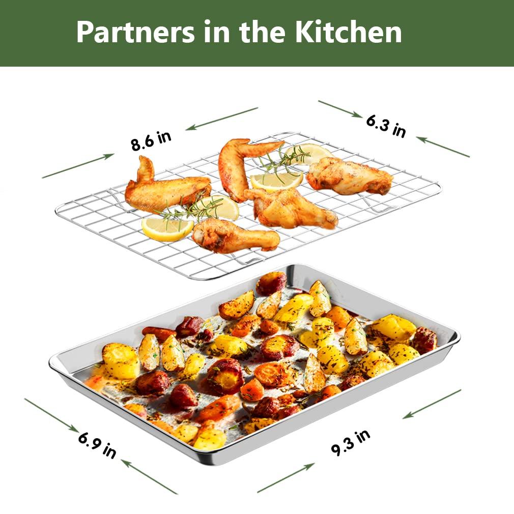 Baking Sheet with Rack Set [2 Pans + 2 Racks ] HKJ Chef Stainless Steel Cookie Sheet Baking Pan Tray with Cooling Rack, Size 9x7x1 Inch, Non Toxic & Heavy Duty & Easy Clean