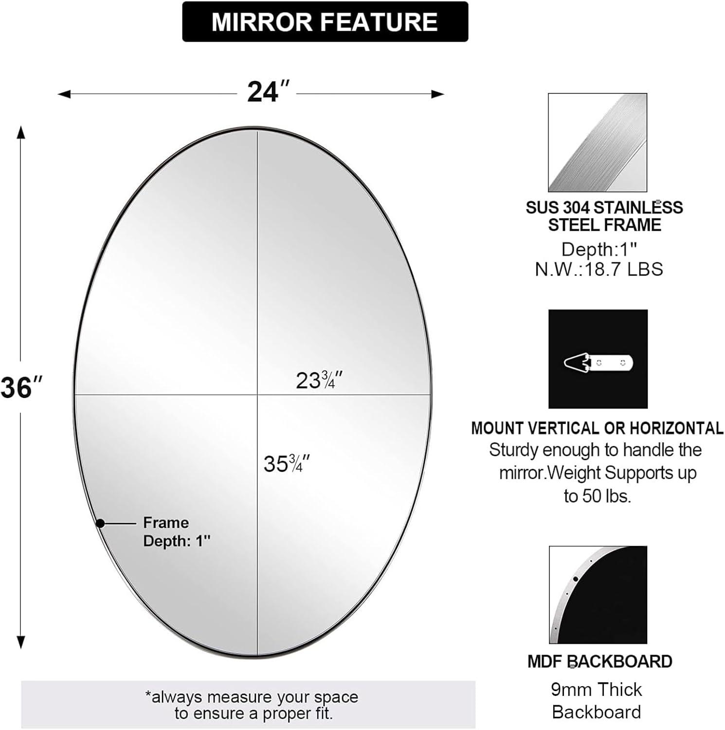 ANDY STAR Oval Bathroom Mirror, 24" x 36" Chrome Stainless Steel Metal Frame Vanity Mirror for Over Sink with Adjustable Tilting Design, Pivoting Mirror for Modern Wall Decor