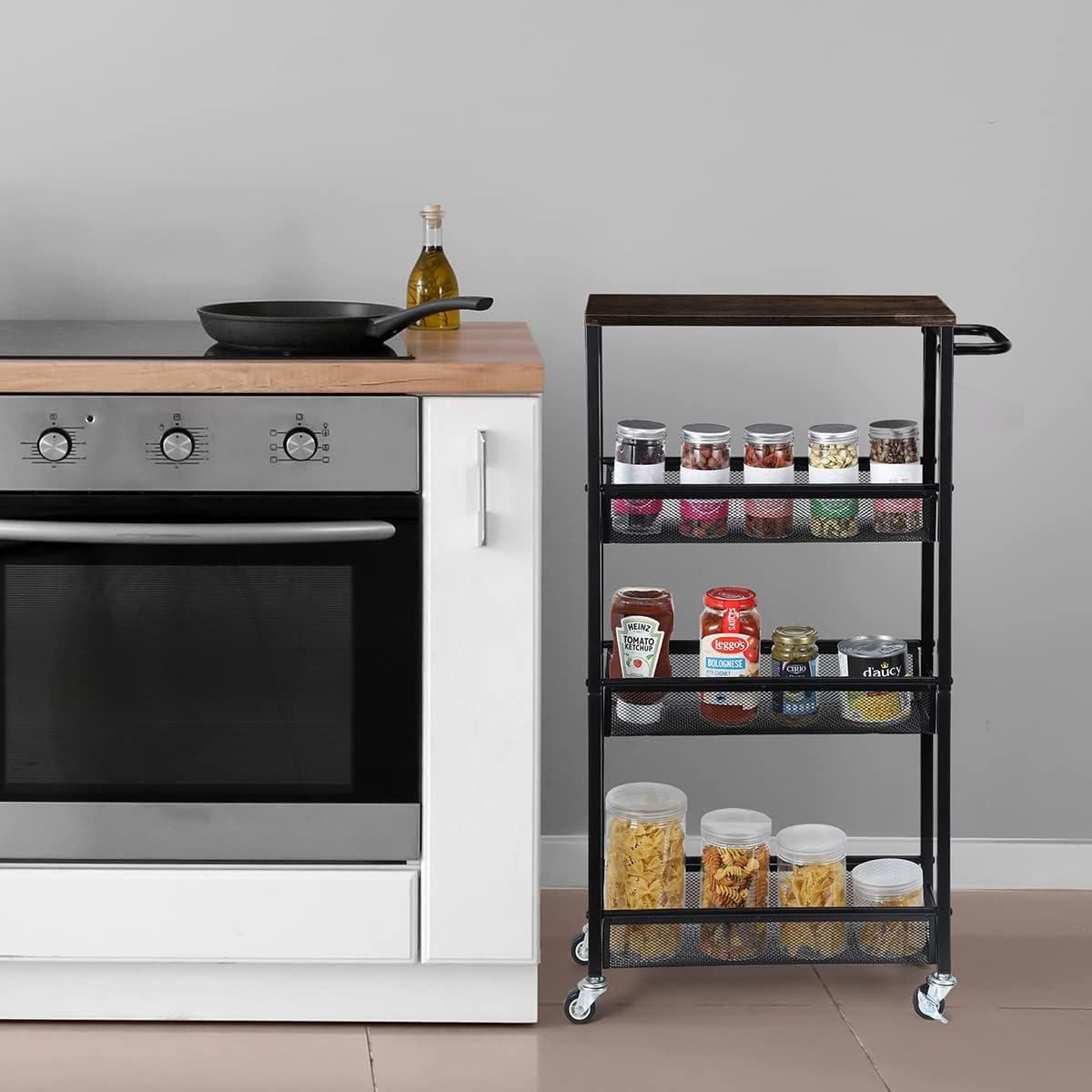 NANANARDOSO 4 Tier Slim Storage Cart, Shelving Unit for Small Space, Rolling Cart with Wooden Top and Metal Handle for Narrow Space on Kitchen, Bathroom, Laundry Room, Black.