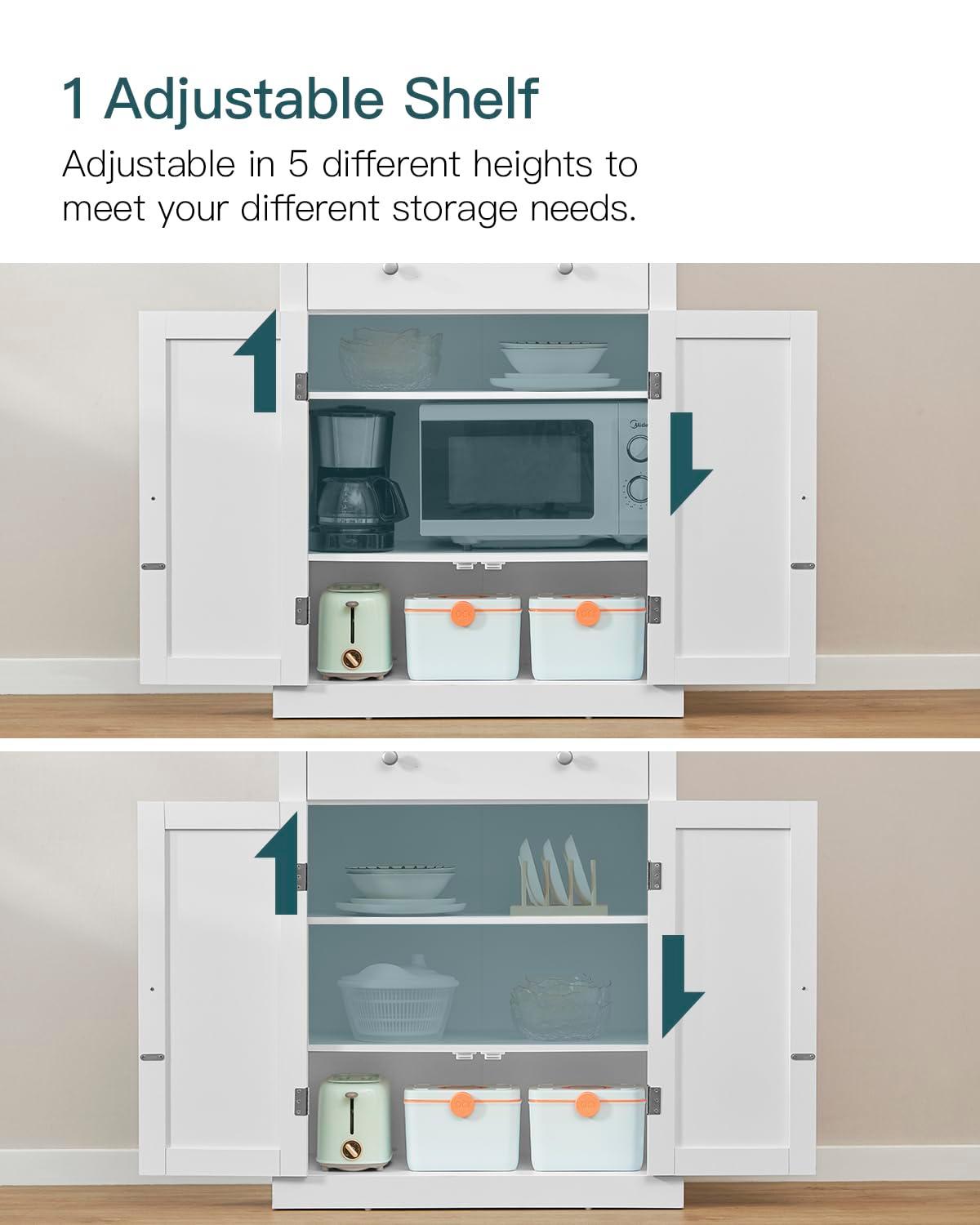usikey 72” Pantry Cabinet, Tall Kitchen Storage Cabinet with 4 Doors and 1 Drawer, Cupboard with 6 Hanging Shelves and Adjustable Shelves for Kitchen, Dining Room, Living Room, White