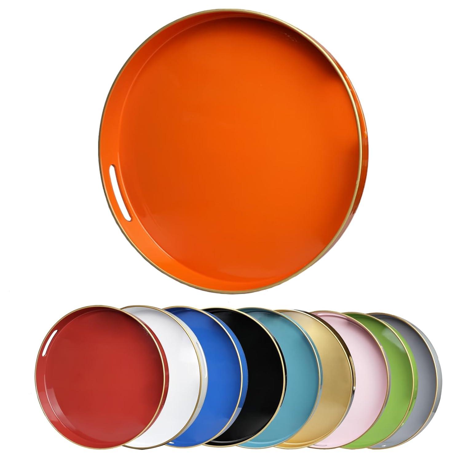 MAONAME 13" Round Tray, Orange Serving Tray with Handles, Modern Decorative Trays for Coffee Table, Plastic Ottoman Trays for Ottoman, Bathroom, Halloween Decor