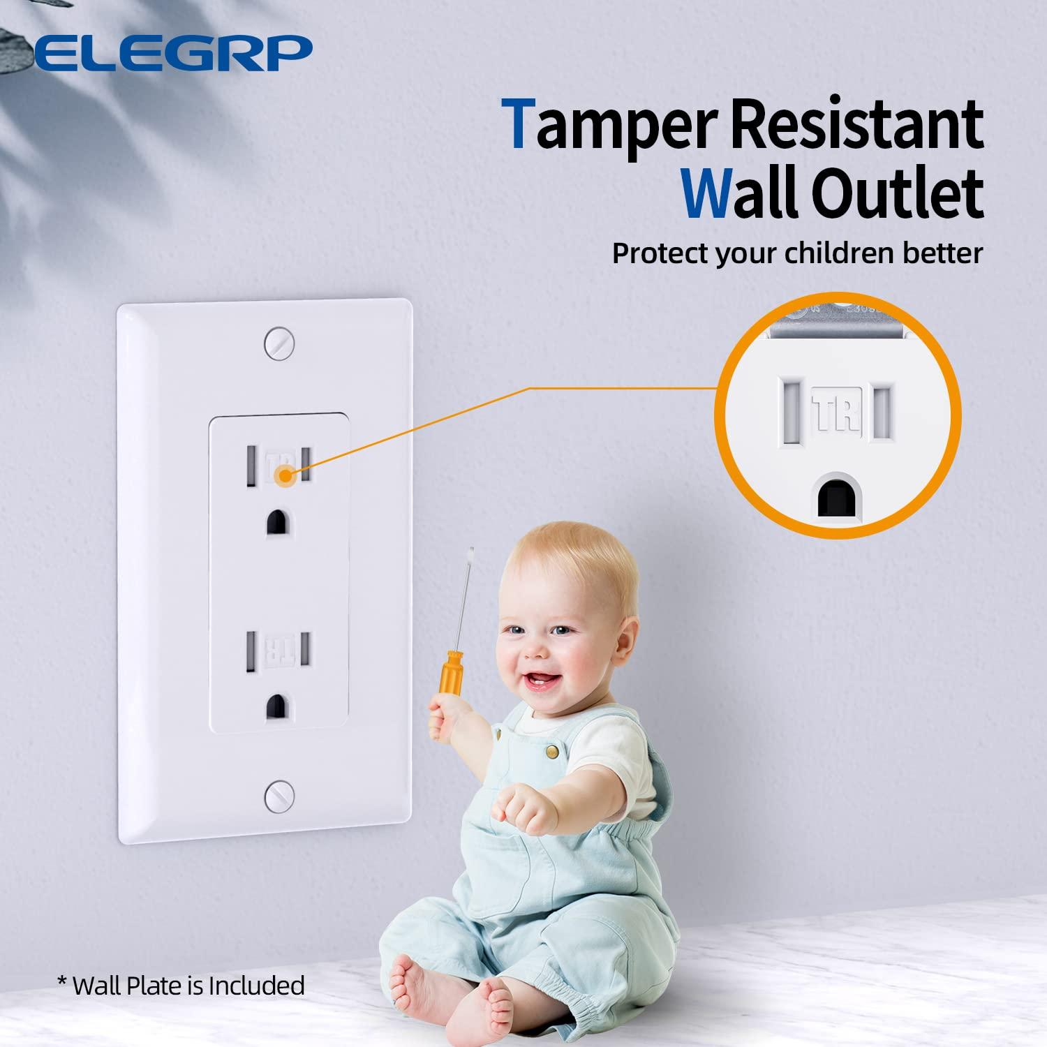 Glossy White Tamper Resistant Electrical Wall Outlet with Wall Plate, 15 Amp, 125V