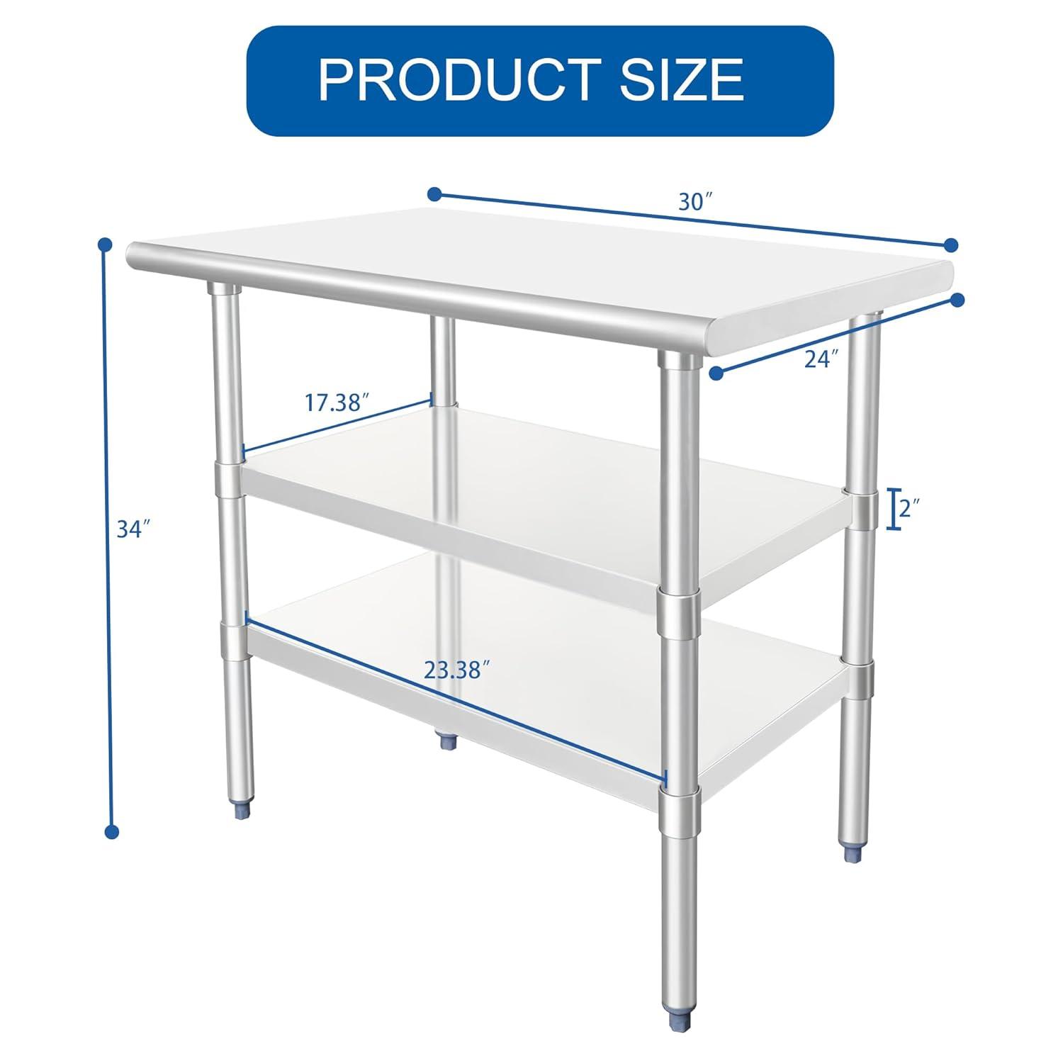 AmGood 30 in. x 24 in. Stainless Steel Table with Two Undershelves | Metal Utility Kitchen Prep Work Table | NSF