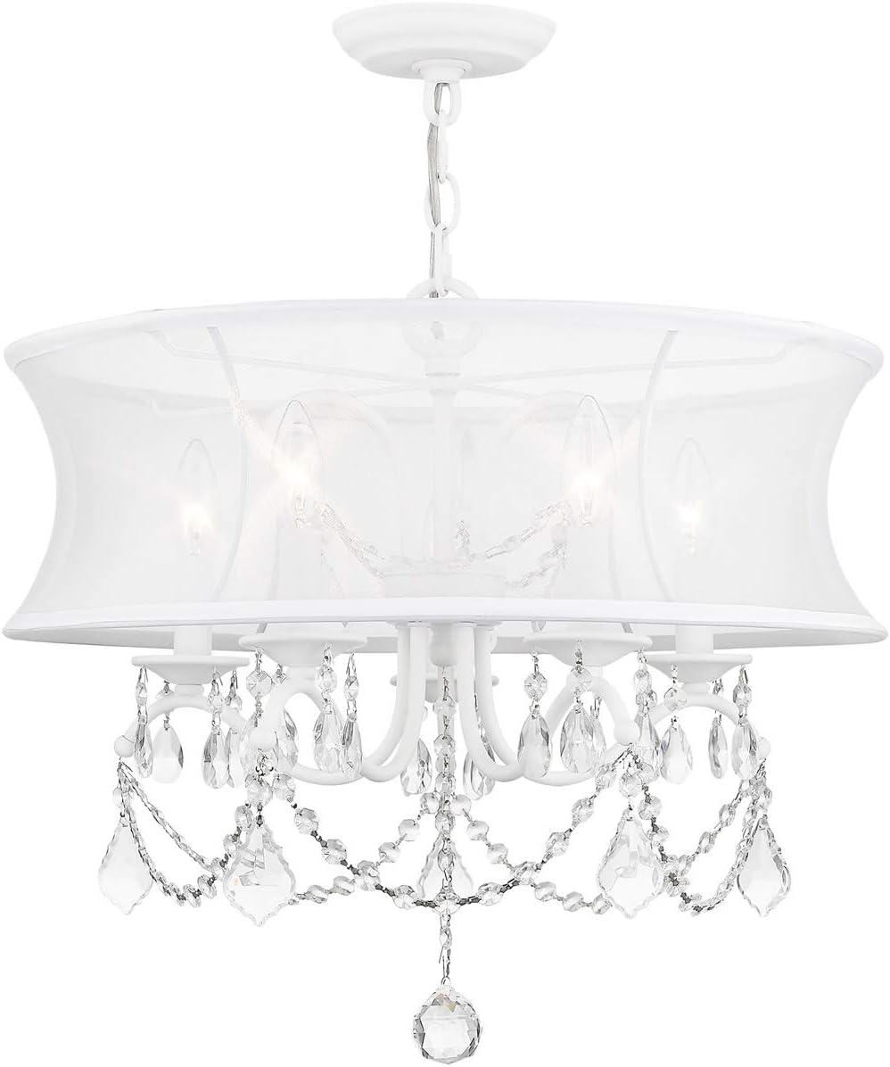 5 Light White Chandelier with Off White Silk Shimmer Shade