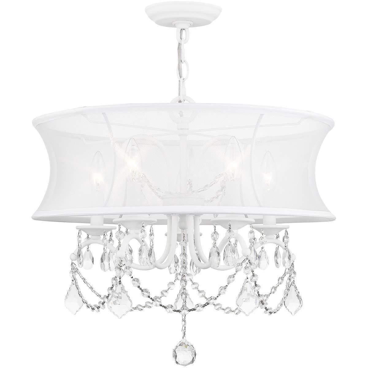5 Light White Chandelier with Off White Silk Shimmer Shade