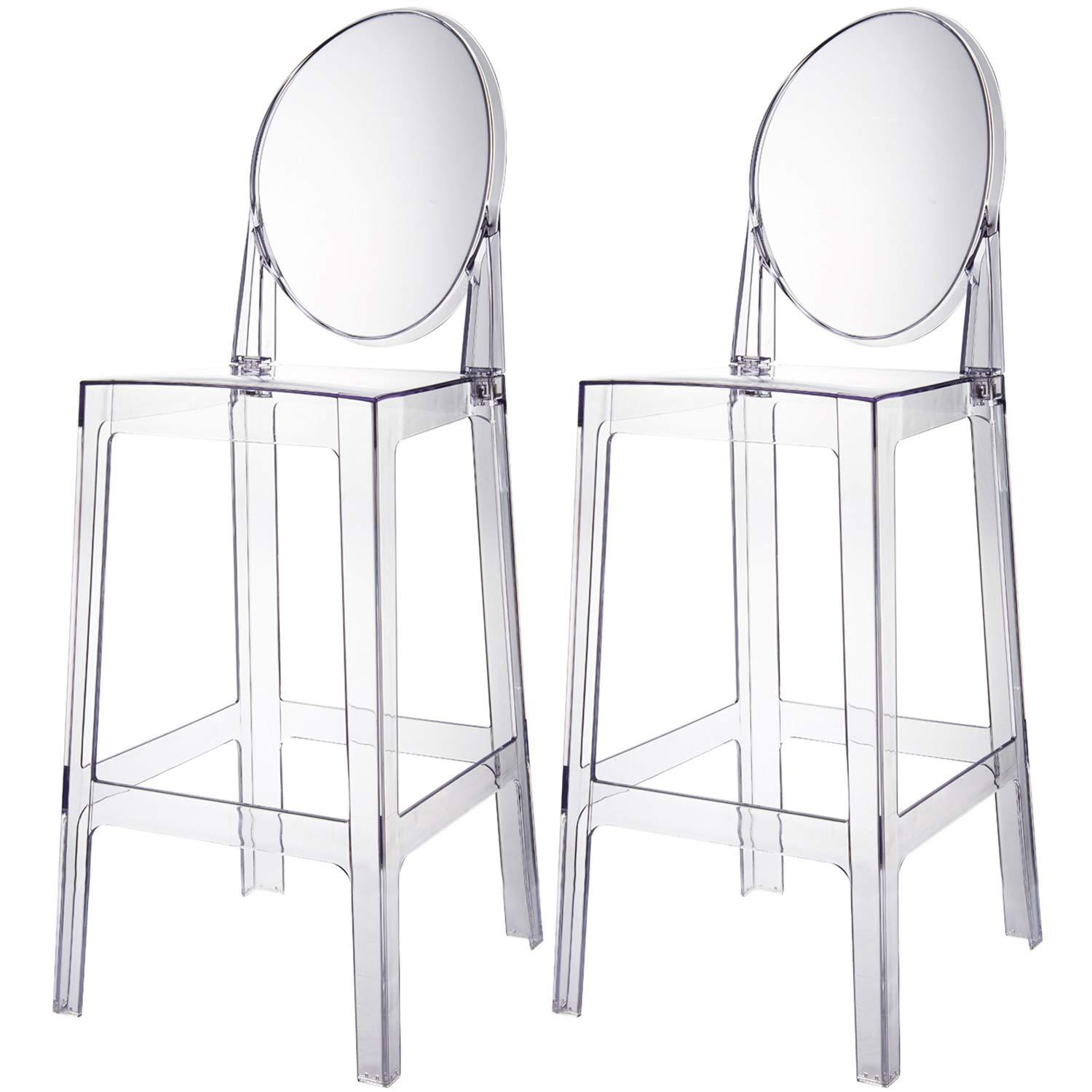 2xhome Set of 2 30" Seat Height Modern Contemporary Bar Stool with Oval Back Armless Polycarbonate Transparent Clear