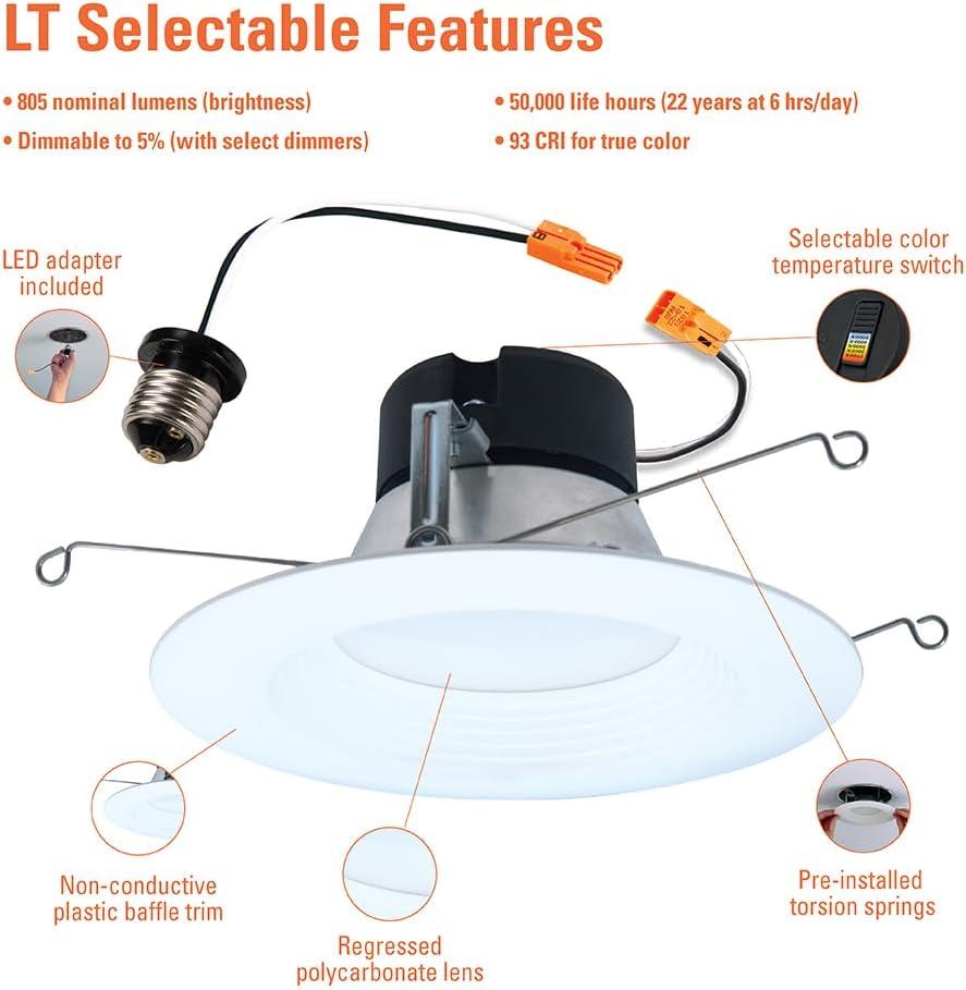 HALO LT 5/6 in. LED Recessed Light Retrofit with Baffle Trim Selectable 5CCT 750-Lumens, 6PK