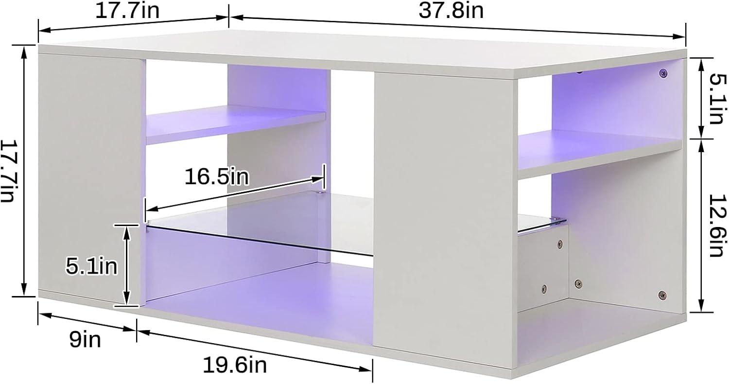 Hommpa White Coffee Table LED Coffee Table with Storage Modern Living Room Table Glass Open Shelves Rectangle Cocktail Center Tables High Gloss