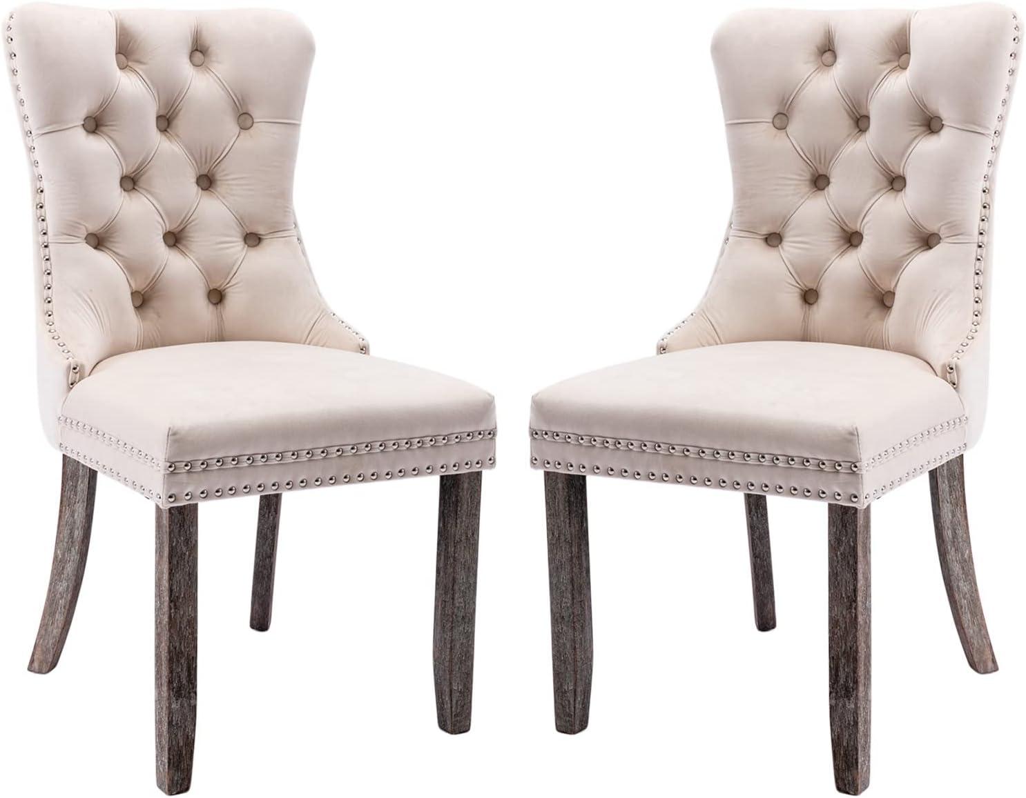 BELLEZE Upholstered Dining Chairs Set of 2, Velvet Luxury Dining Room Chairs with Button Back, Nailhead Trim, Pull-ring, Solid Wood Legs for Kitchen, Living Room, Restaurant - Chandler (Beige)