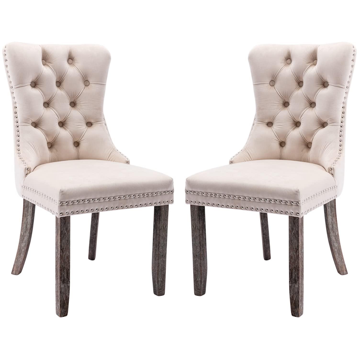 BELLEZE Upholstered Dining Chairs Set of 2, Velvet Luxury Dining Room Chairs with Button Back, Nailhead Trim, Pull-ring, Solid Wood Legs for Kitchen, Living Room, Restaurant - Chandler (Beige)