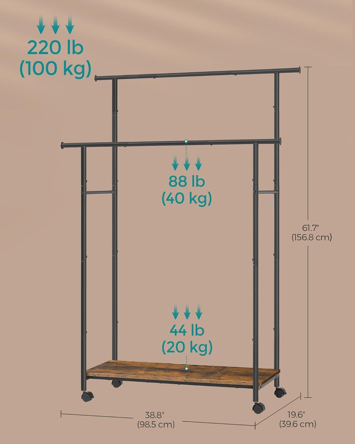 SONGMICS Double-Rod Clothes Rack with Wheels, 38.8 Inches Garment Rack with  Shelf for Hanging Clothes,