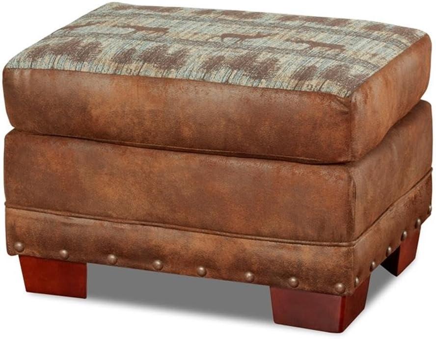 Teal and Brown Tapestry Lodge Ottoman with Wood Legs