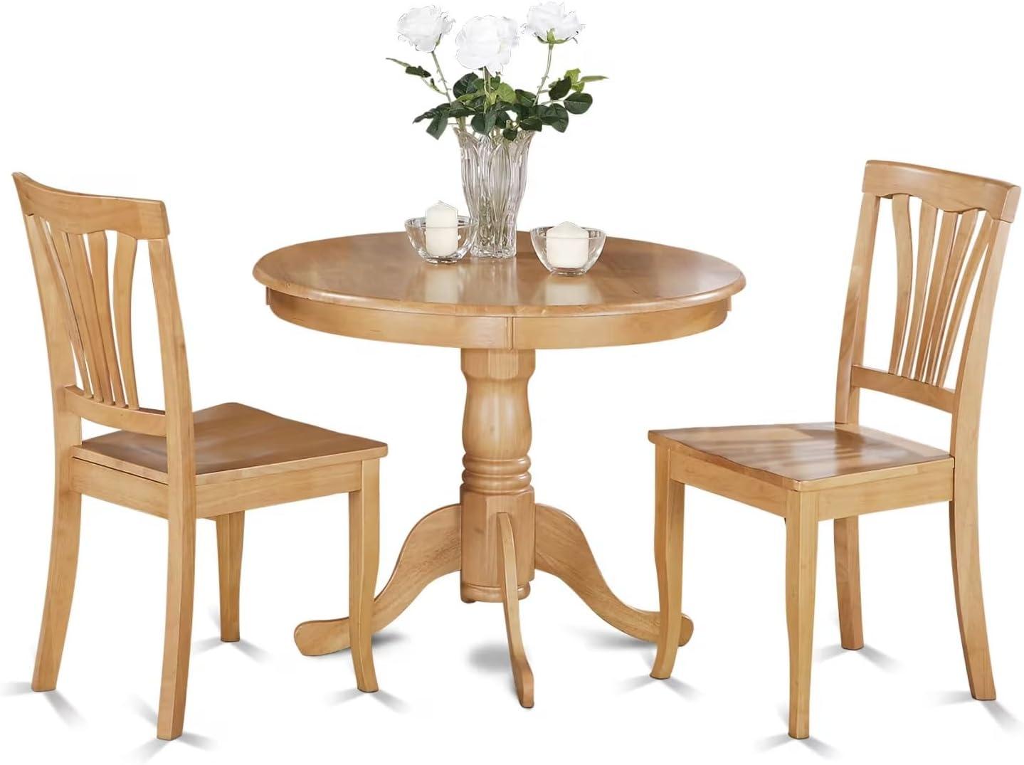 Wooden Imports Furniture AN3-OAK-W 3 PC Antique Round Kitchen 36 in. Table and 2 Chairs with Wood seat in Oak Finish