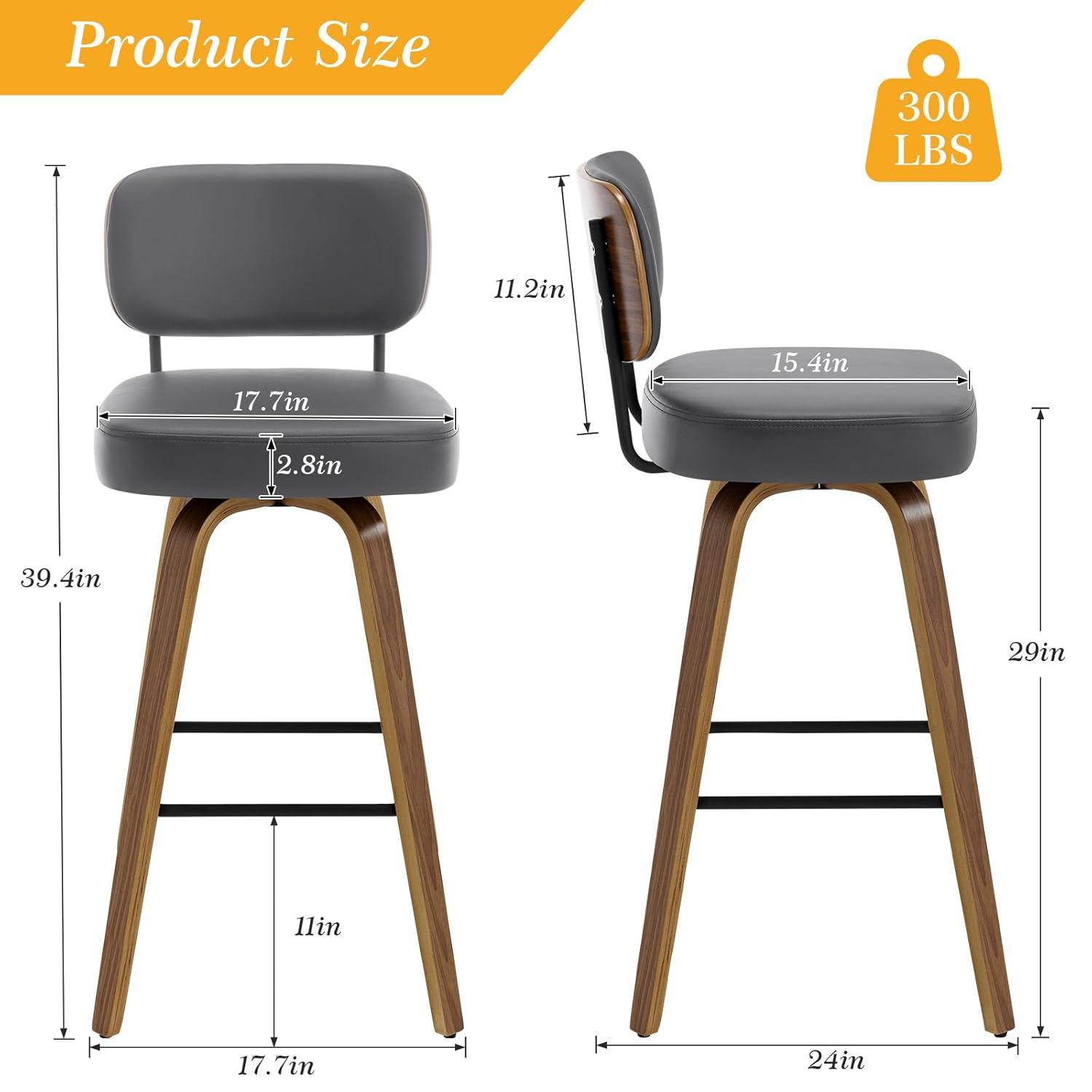 Grey Faux Leather Swivel Bar Stools with Wood Back