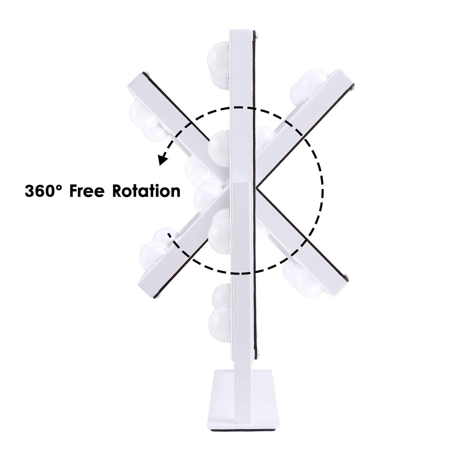 LinsCraft Lighted Makeup Mirror Hollywood Mirror Vanity Mirror With Lights, Touch Control Design 3 Colors Dimable LED Bulbs, Detachable 10X Magnification, 360°Rotation, (White) 12" L X 14" W