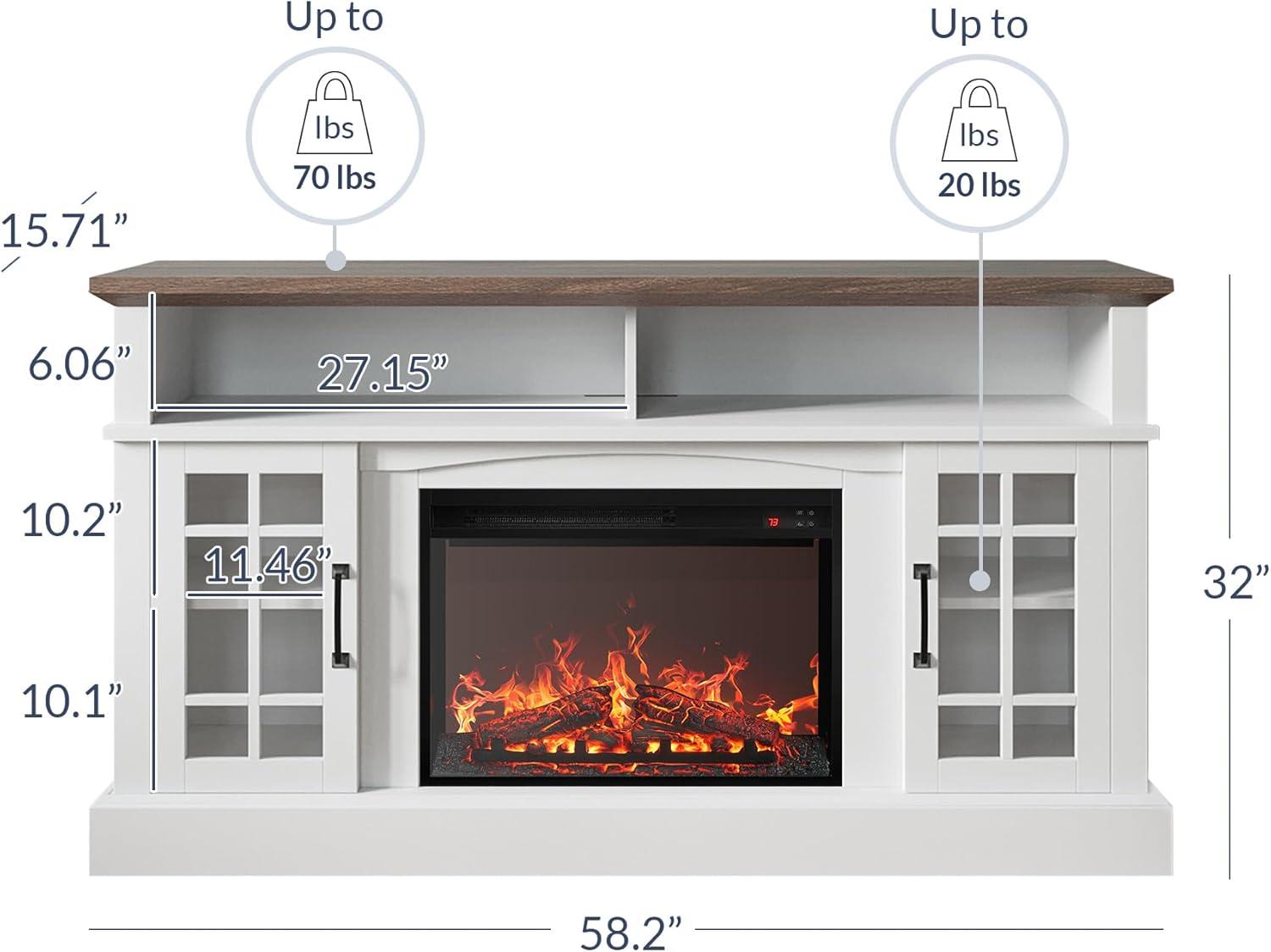 White 58" TV Stand with 23" Electric Fireplace and Storage