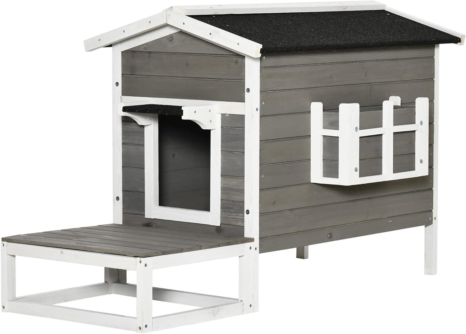 PawHut Wooden Wooden Cat House Feral Cat Shelter Kitten Condo with Escape Door, Porch and Flower Stand - Dark Gray/White