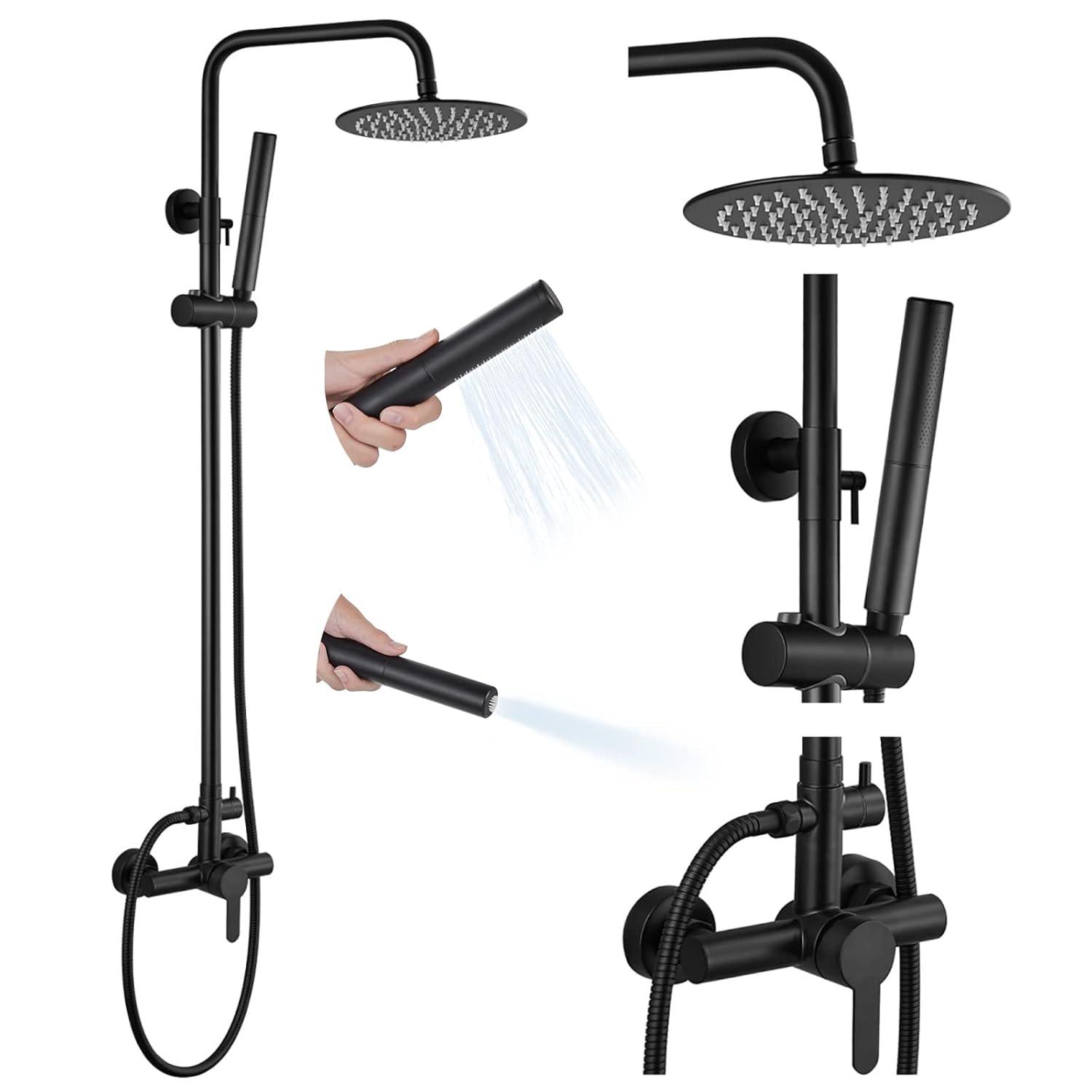 gotonovo SUS304 Outdoor Shower Fixture High Pressure Shower System Wall Mount 2 Dual Function Single Handle Shower Kit with 8 Inch Shower Head and Handheld Spray Shower Faucet Combo, Matte Black