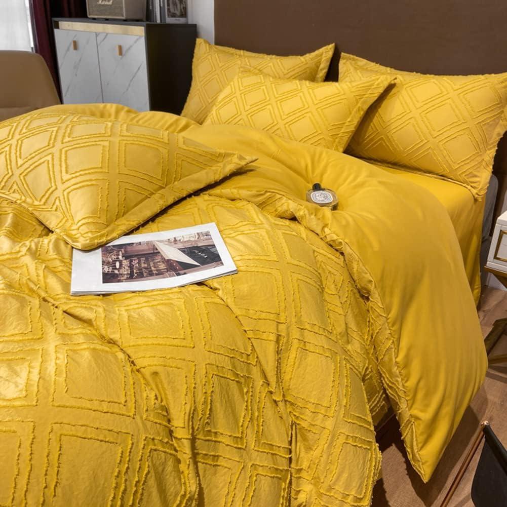 MorroMorn 5 PCS Boho Bedding Sets, Textured Duvet Cover Set, Tufted Comforter Covers, Diamond Jacquard Soft Breathable Neutral for Man Woman Bed Bedroom All Seasons (Yellow, Full/Queen)