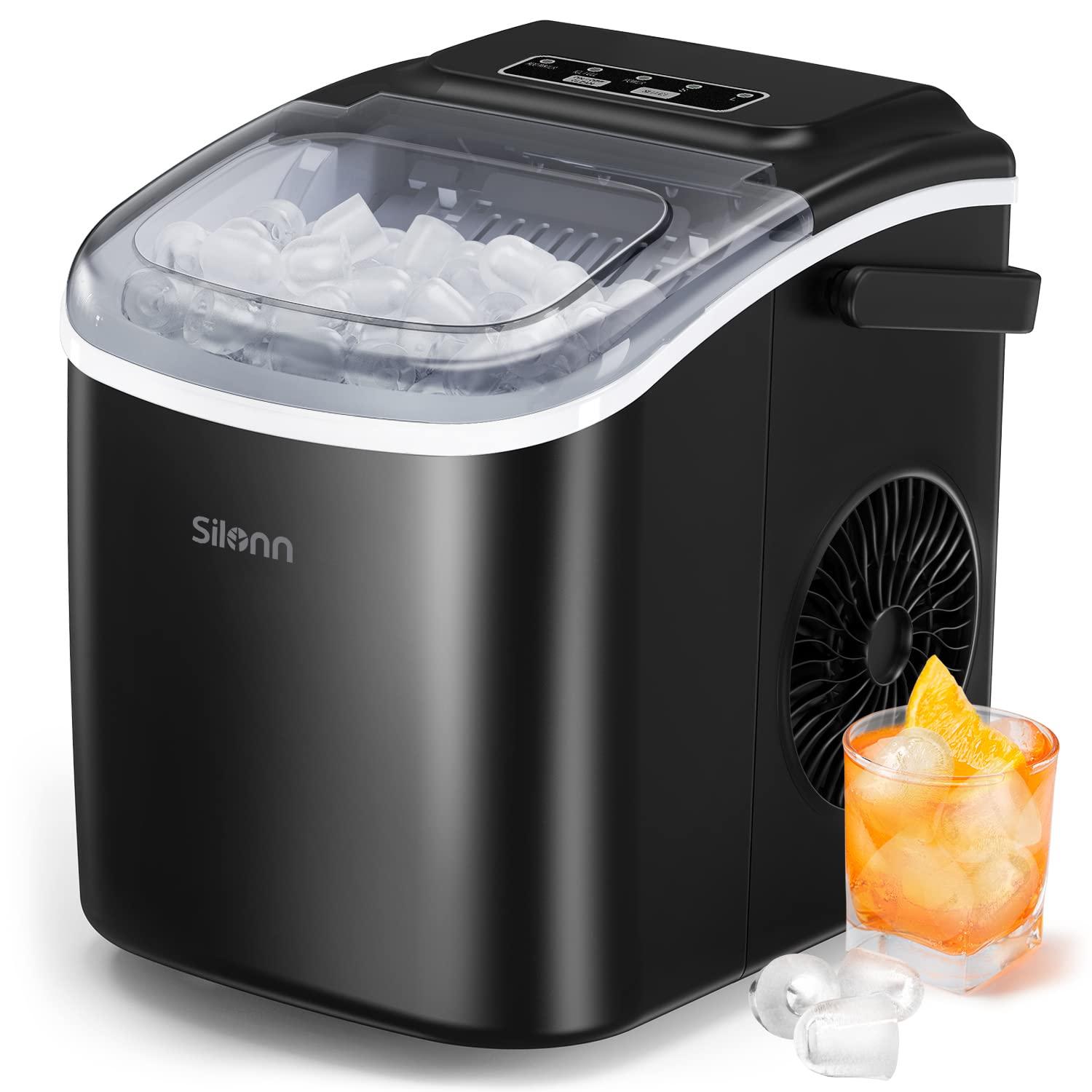 Silonn Countertop Ice Maker, 9 Cubes Ready in 6 Mins, 26lbs in 24Hrs, Self-Cleaning Ice Machine with Ice Scoop and Basket, 2 Sizes of Bullet Ice for Home Kitchen Office Bar Party, Black