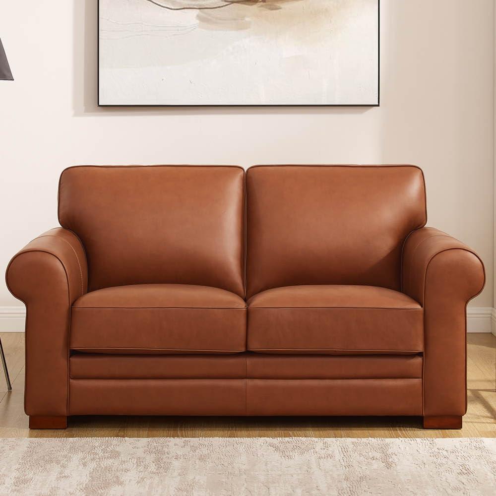 Cinnamon Brown Tufted Leather Loveseat with Wood Feet