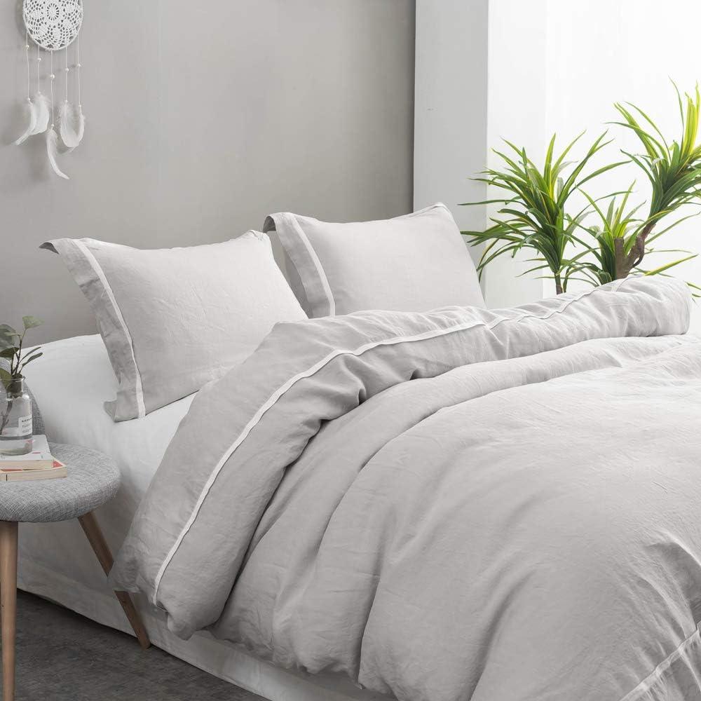 Twin Size Grey Linen Duvet Cover Set with Pillowcase