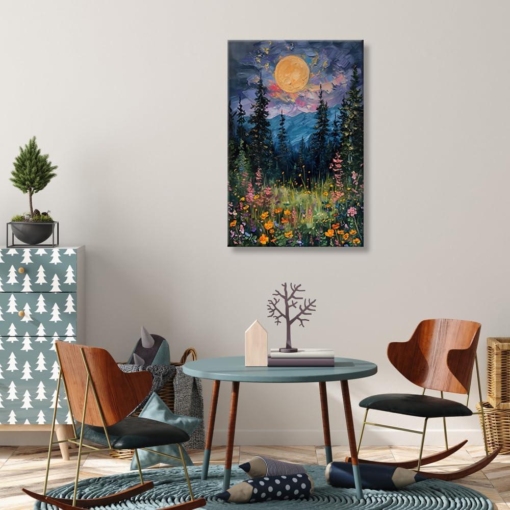 SFAOHPR Mystical Moon and Wildflowers Canvas Wall art Nature Flowers Oil Painting posters for room aesthetic Room Aesthetics Posters for Bedroom living room Home Decor ﻿12x16inch Unframed
