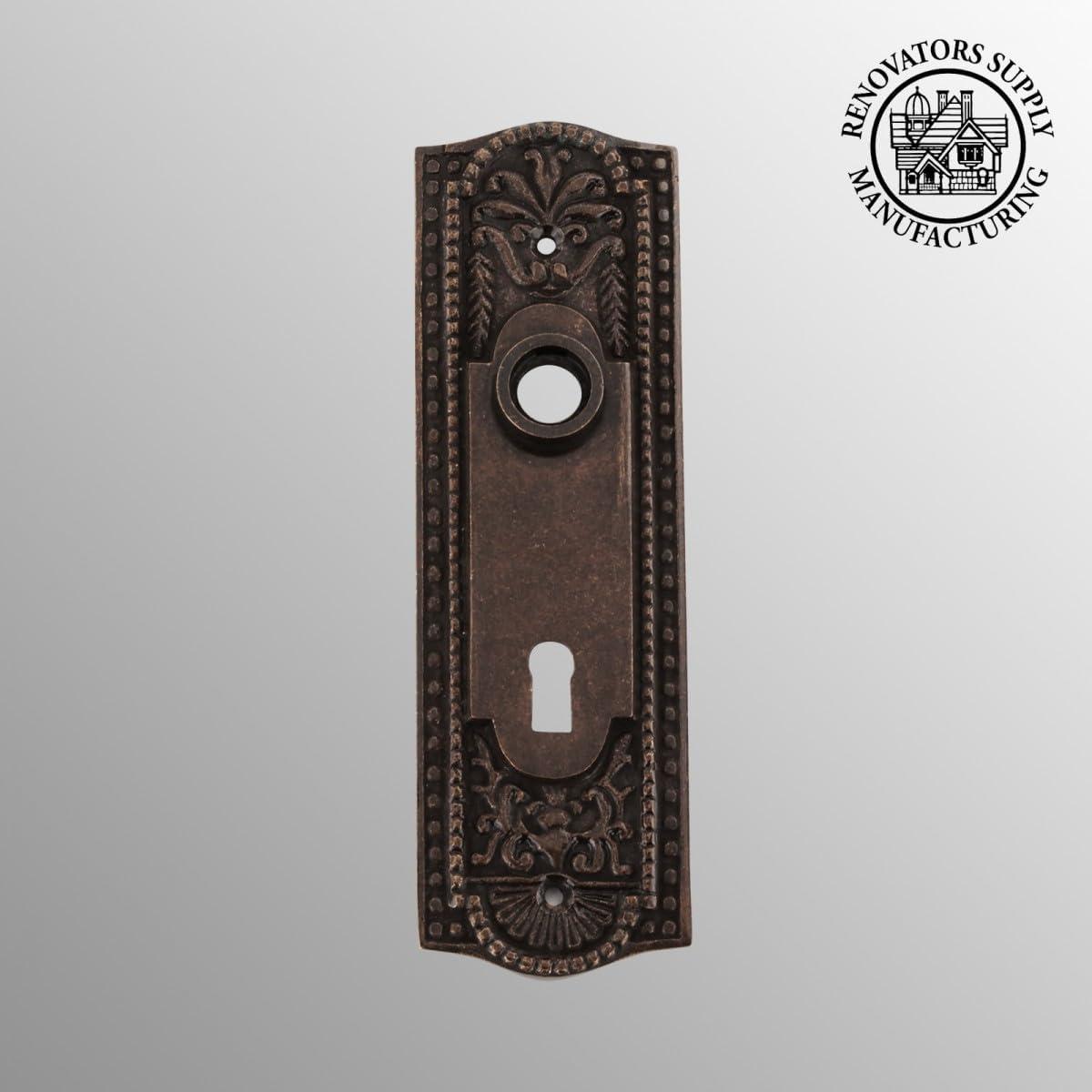 Renovators Supply Door Back Plate Brass 7 1/4" Escutcheon Cover Ornate Doorplate in Antique Brass Finish w/Keyhole