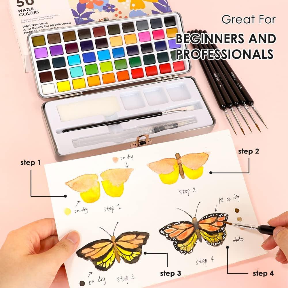Grabie Watercolor Paint Set, 50 Colors, Detail Paint Brush Included, Art Supplies for Painting, Great Watercolor Set for Artists, Amateur Hobbyists and Painting Lovers
