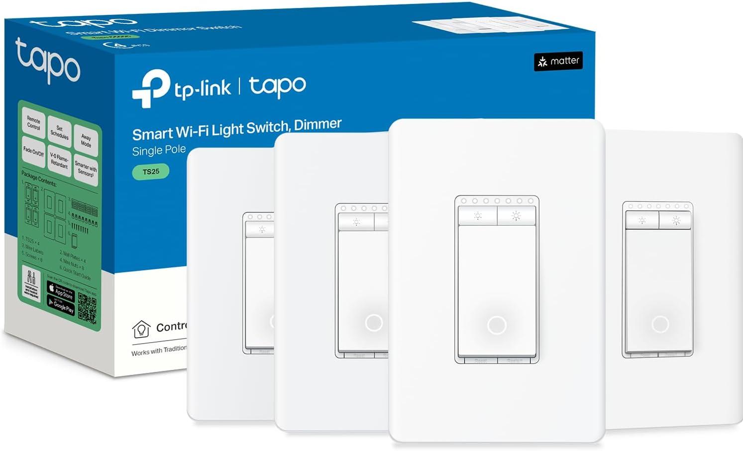 TP-Link Tapo Matter Smart Dimmer Switch, Single Pole, Neutral Wiring & 2.4 GHz WiFi Required, Compatible with Alexa, Siri, Google Home, Bixby, UL Certified Light Switch, (4-Pack)