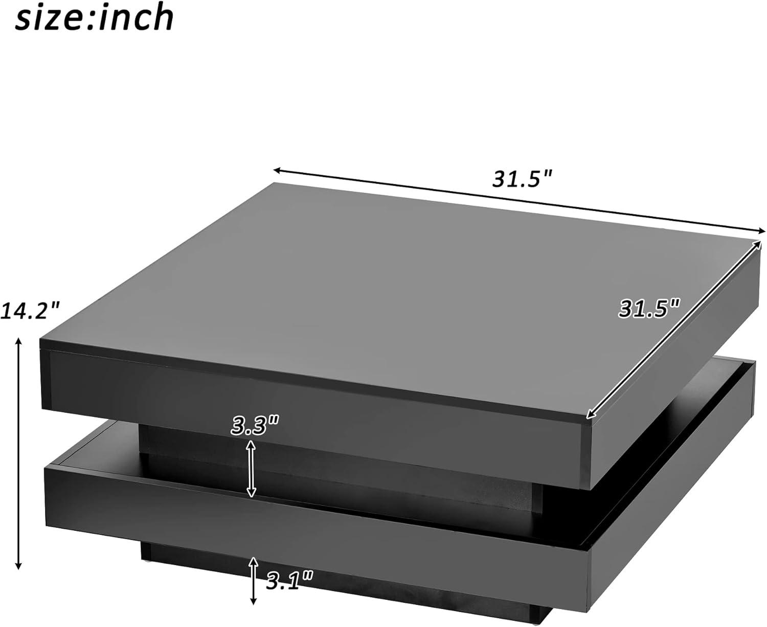 Modern Coffee Table, 2-Tier Square Coffee Table with Plug-in 16-Color LED Lights, High Gloss Coffee Table, Center Table for Living Room, 31.5”x31.5”x14.2”, Black